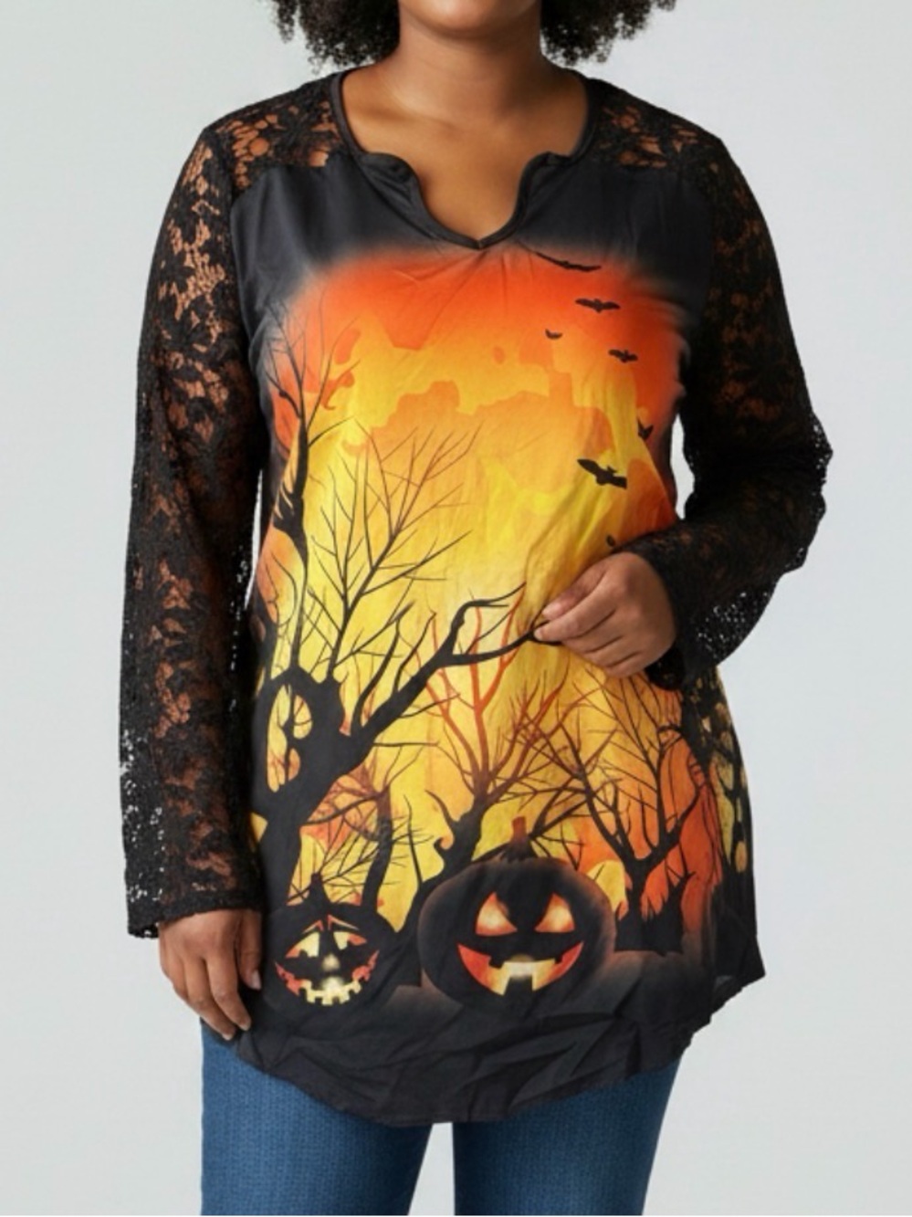 Halloween Theme Notched Neck Lace Sleeved Top
